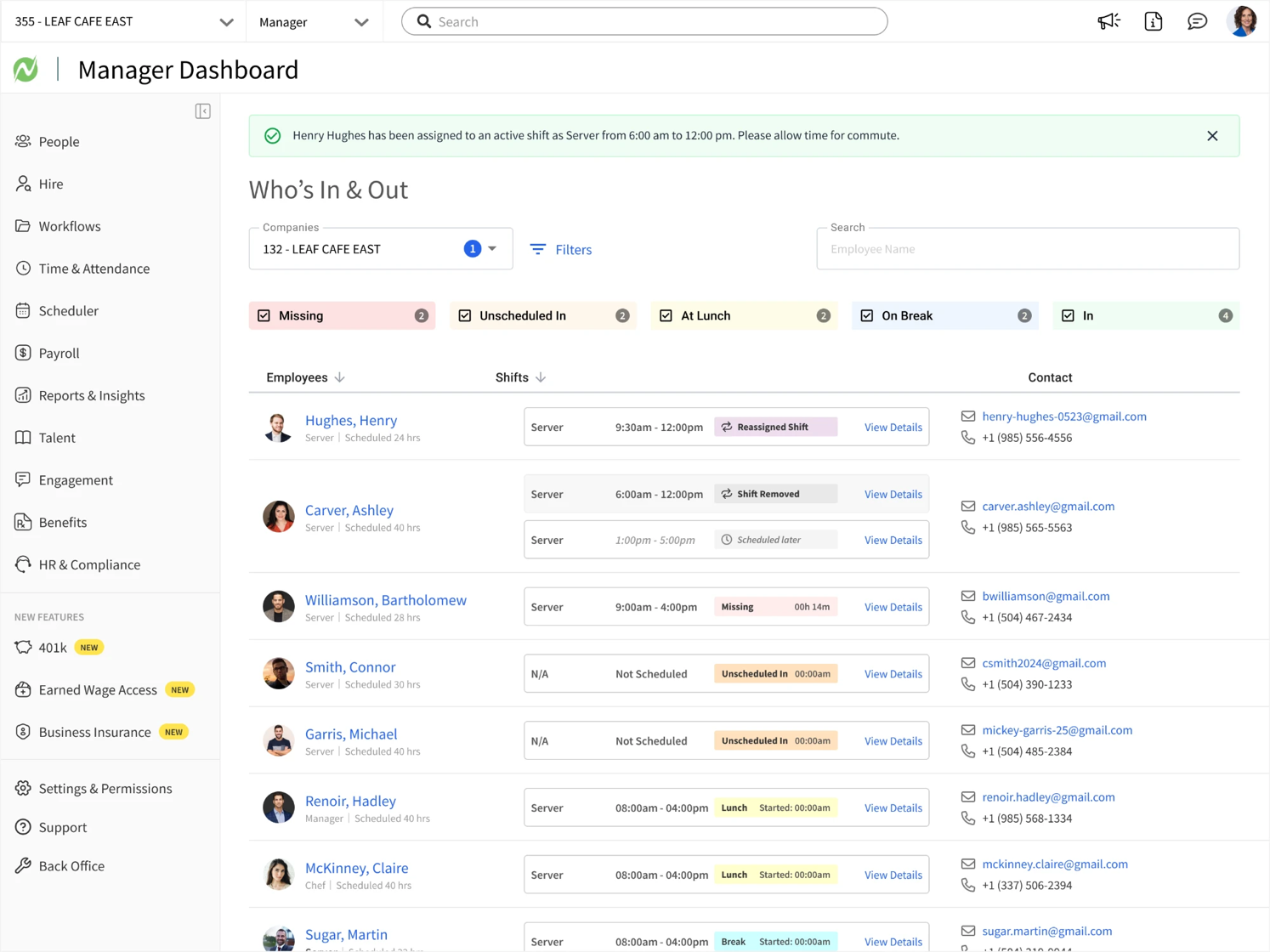 The dashboard after coverage is assigned: a confirmation banner notes the replacement's active shift, and the roster shows the reassigned shift
