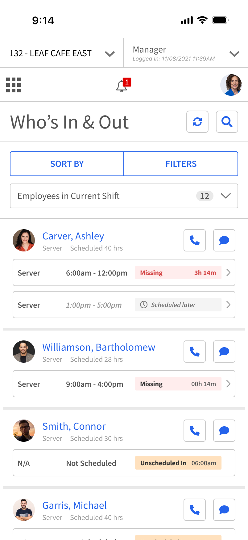 The Who's In & Out live roster on a phone, grouping employees by in, missing, at lunch, on break, and unscheduled