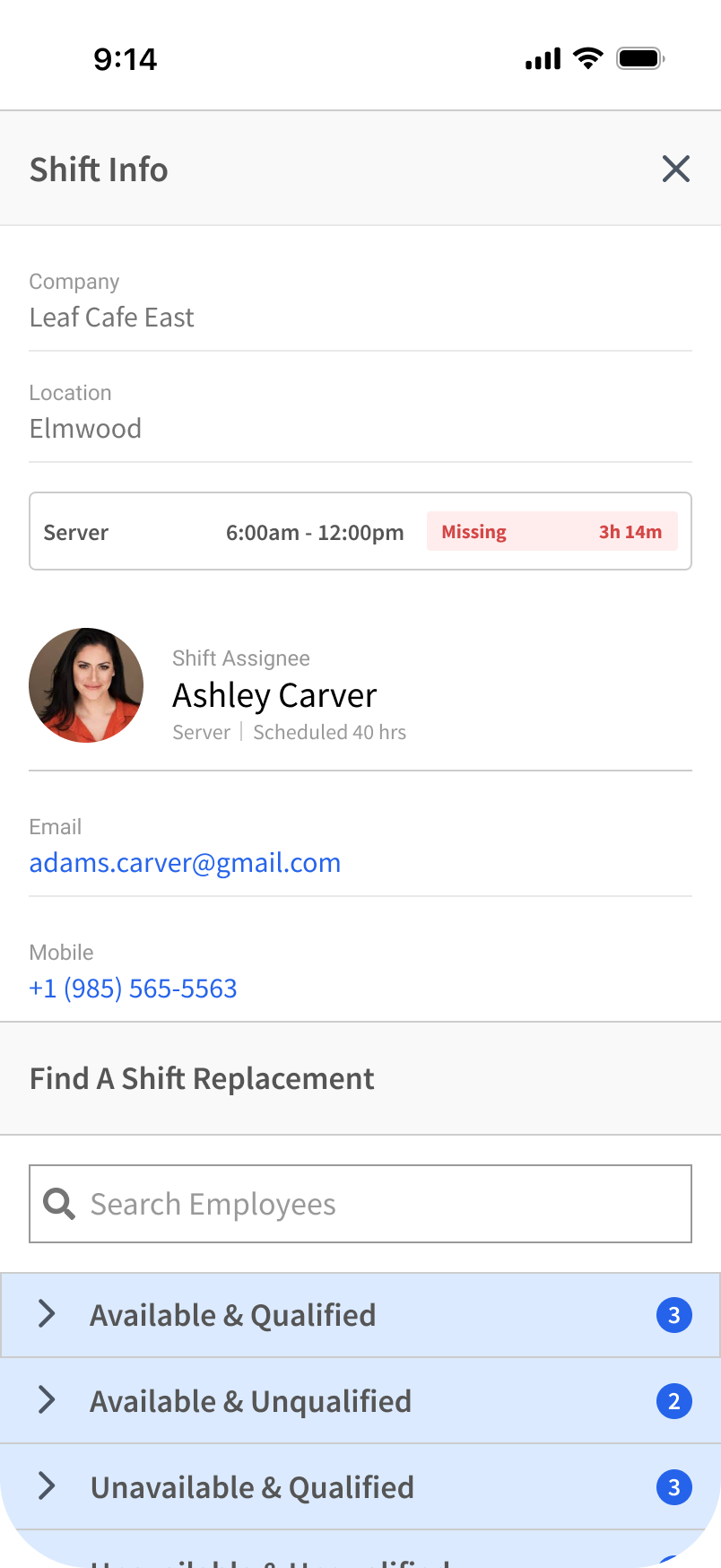 Shift details on a phone: the missing employee's status, schedule, and contact information gathered on one screen