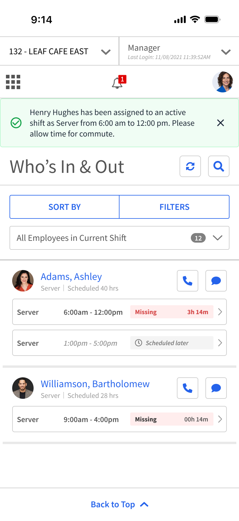 A confirmation screen on a phone verifying the reassigned shift, with the roster updated to show the covered shift