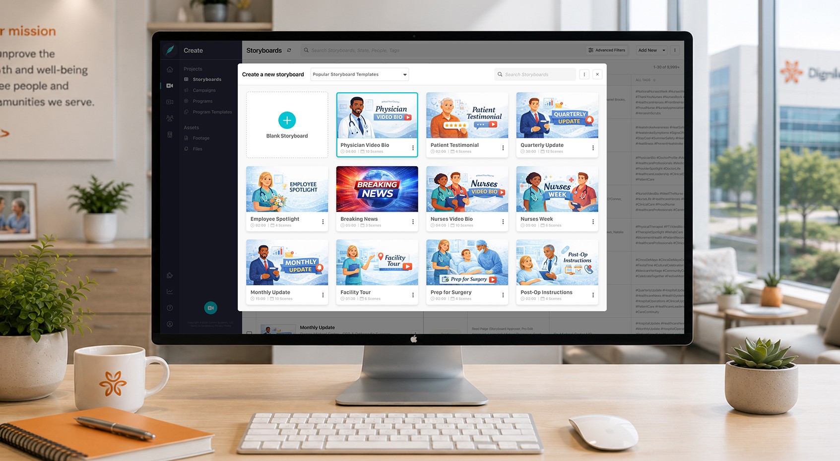 Storyboard template gallery in the Cyrano platform on a desktop monitor