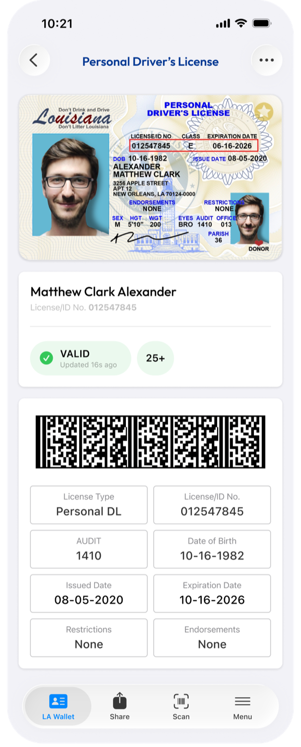 Personal Driver's License detail view: the full read-only record stacked vertically, from the license image and live VALID status down to the scannable barcode and every field from license type to endorsements