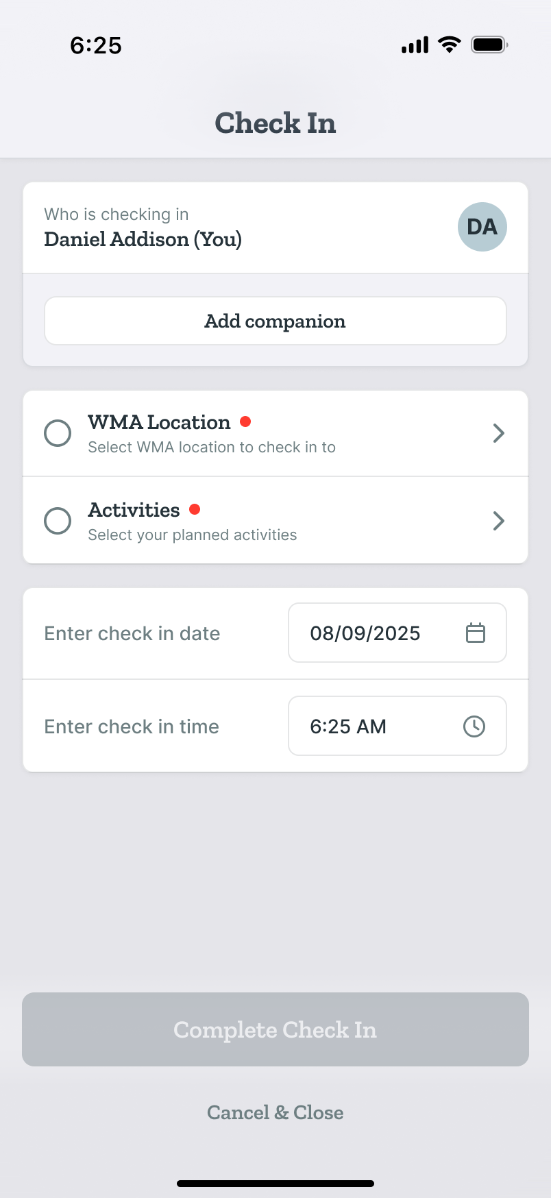 Check In form: who is checking in, Add Companion, required WMA Location and Activities rows, date and time fields, and a Complete Check In button