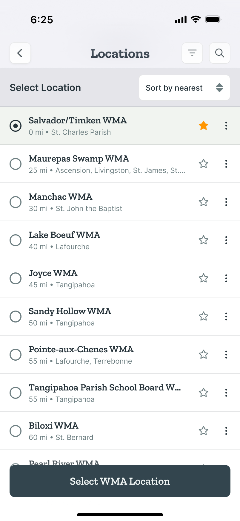 Locations list sorted by nearest with Salvador/Timken WMA preselected at 0 miles and a Select WMA Location button