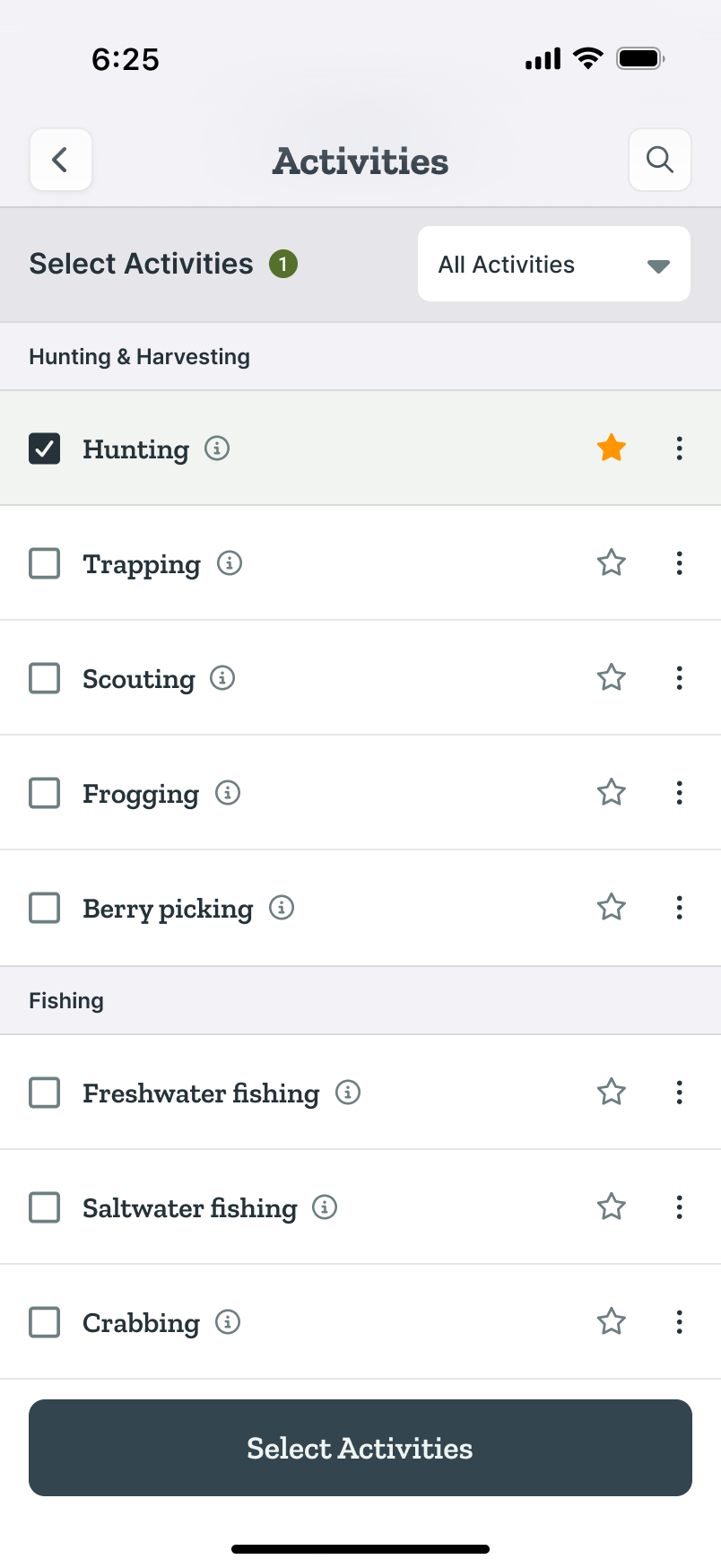 Activities picker grouped into Hunting and Harvesting and Fishing, with Hunting checked and a Select Activities button