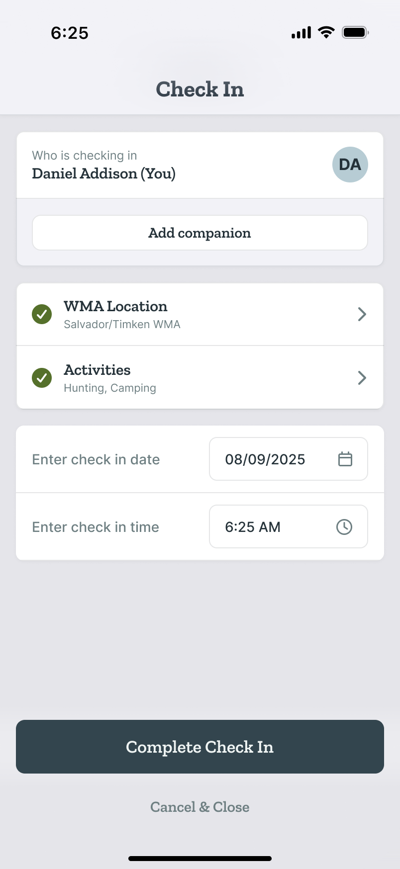 Check In form with WMA Location and Activities completed and checked green, ready for Complete Check In
