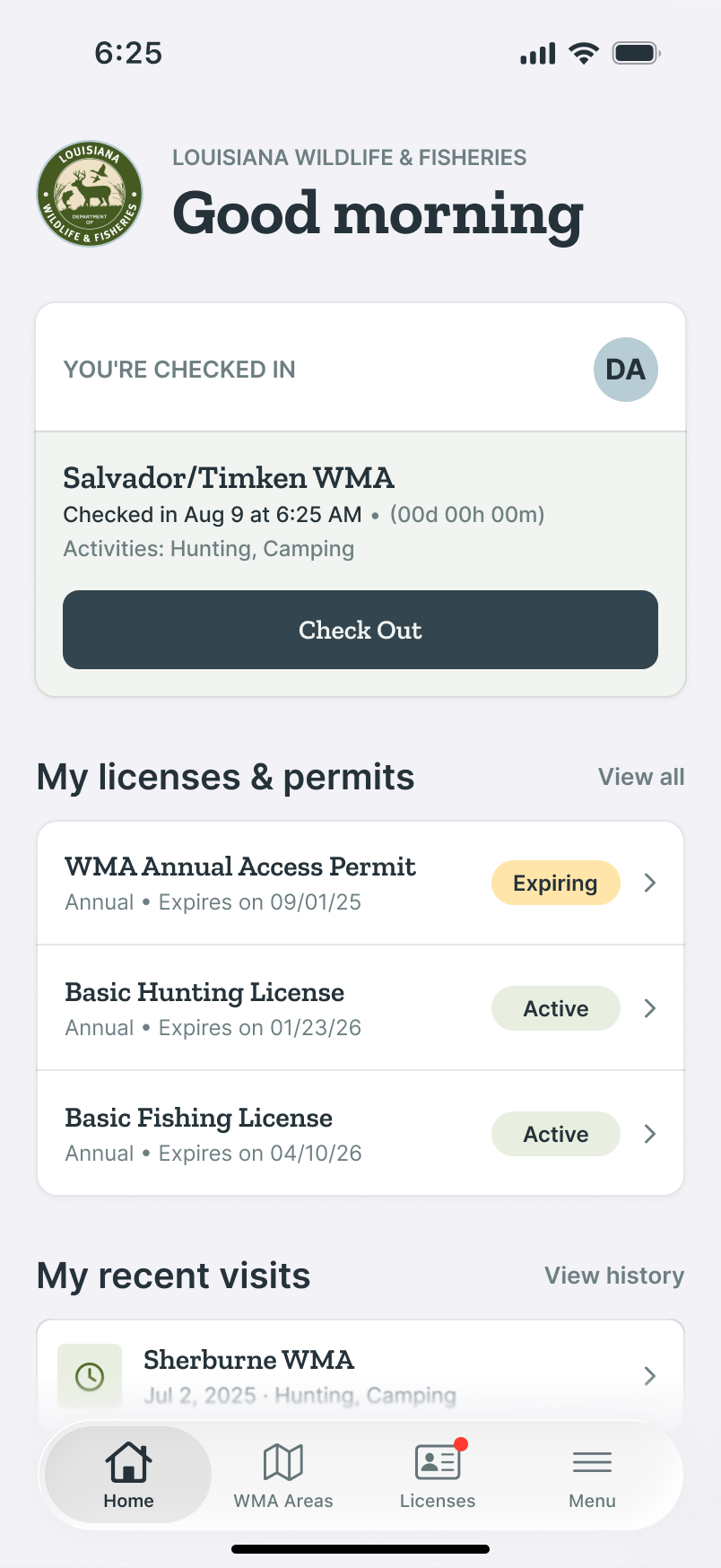 LWF home screen flipped to the checked-in state: active visit card for Salvador/Timken WMA with a Check Out button and elapsed time