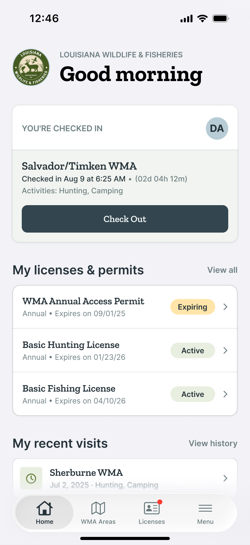 LWF home screen while checked in, with the active visit card's Check Out button as the starting point