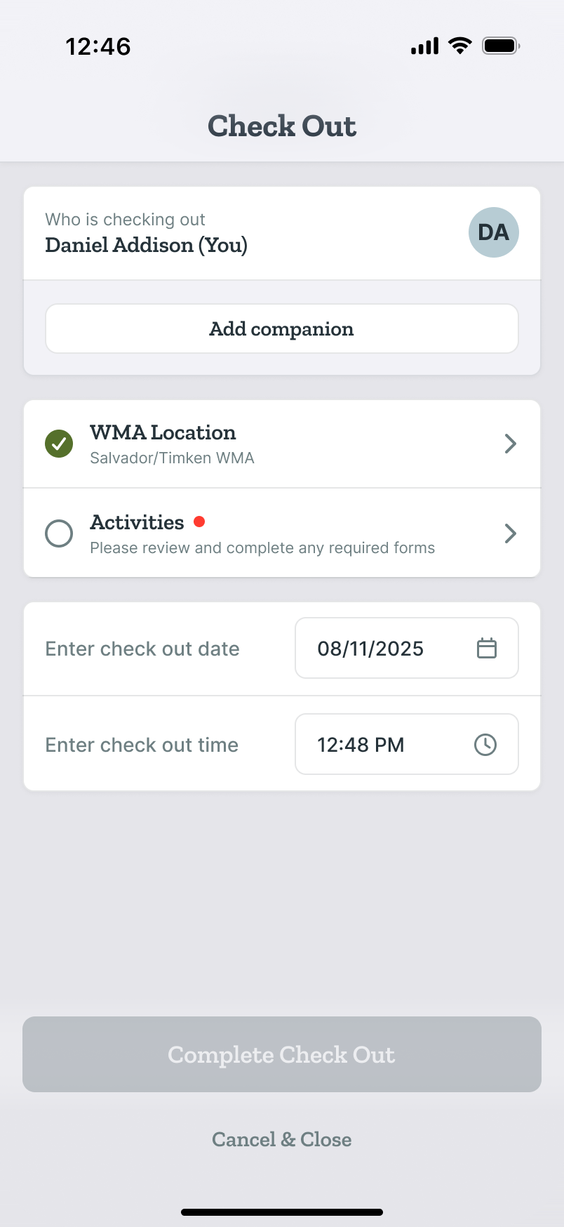 Check Out form: location and activities carried over from check-in, with the check-out date and time left to fill