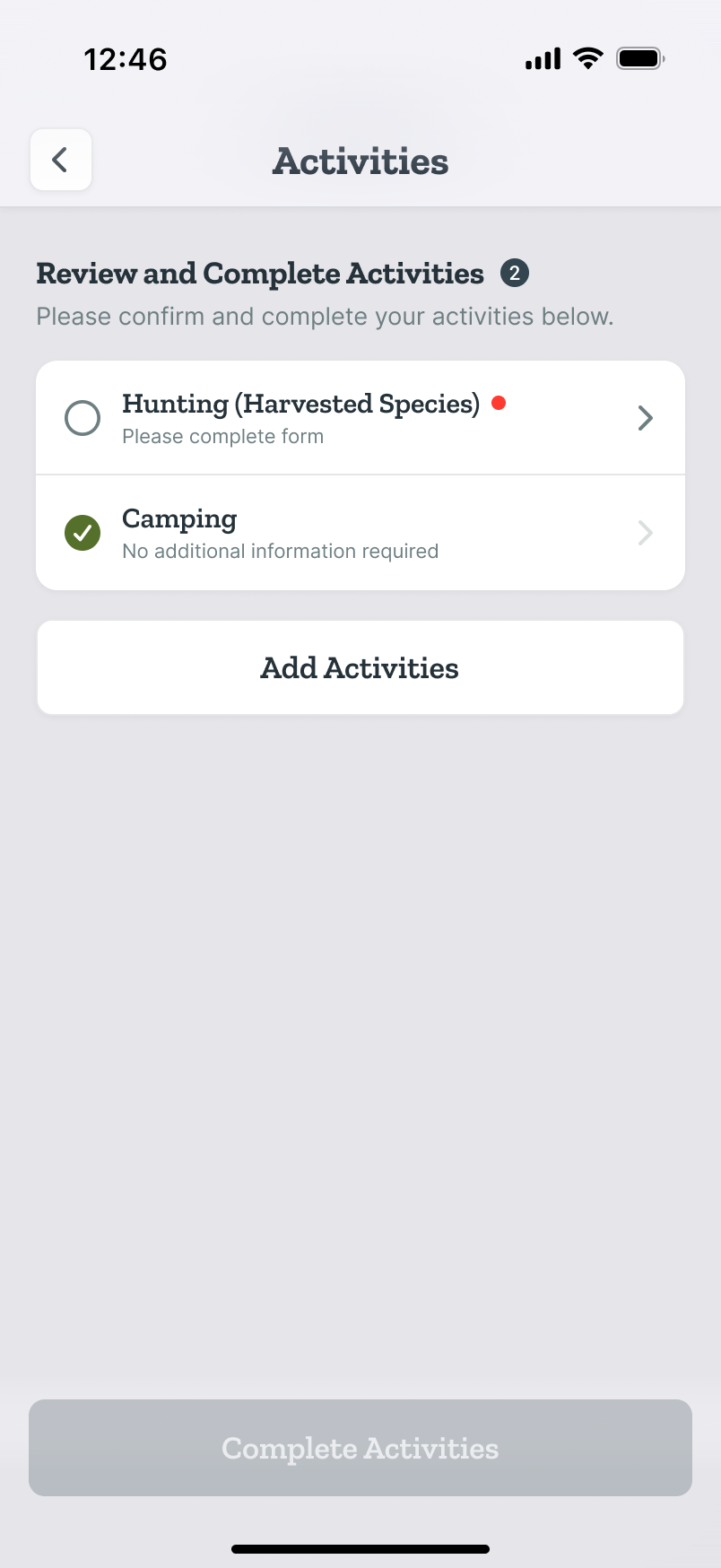 Review and Complete Activities: the hunting activity flagged incomplete, with an Add Activities option