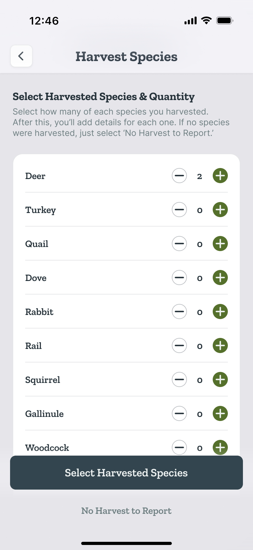 Harvest Species picker: a species list with steppers to set the quantity of each animal harvested, plus a No Harvest to Report option