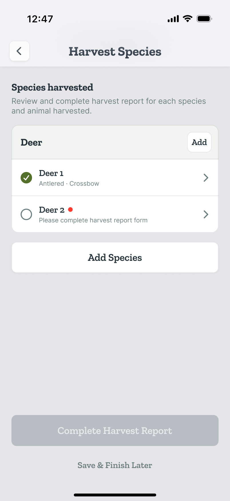 Harvesting screen listing each harvested animal as its own record, with completion tracked per record