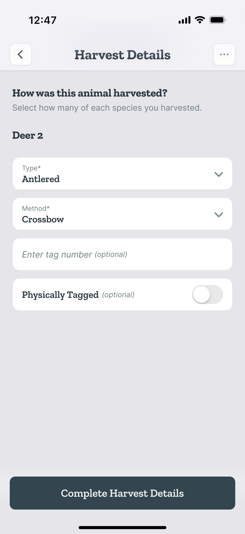 Harvest Details form for one animal: type, harvest method, tag number entry, and a Physically Tagged toggle
