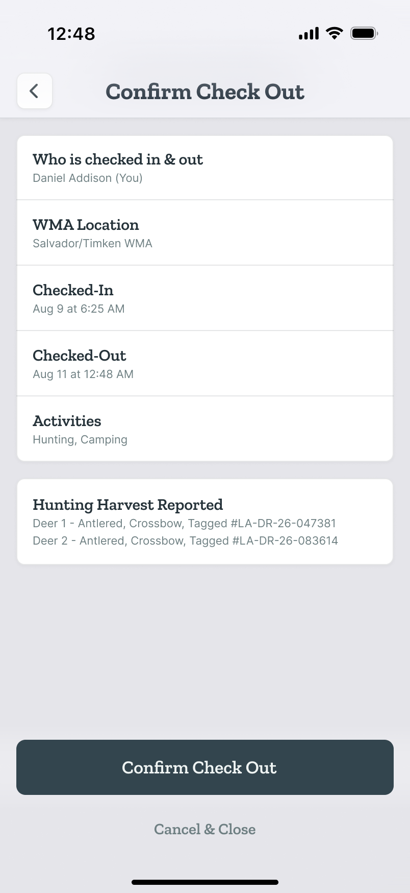 Confirm Check Out summary: who checked in and out, location, times, activities, and the harvest report with tag numbers