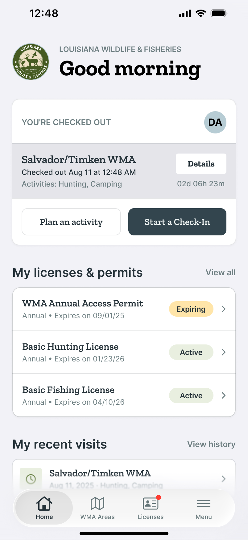 LWF home screen reset after check-out, with the completed visit logged under recent visits