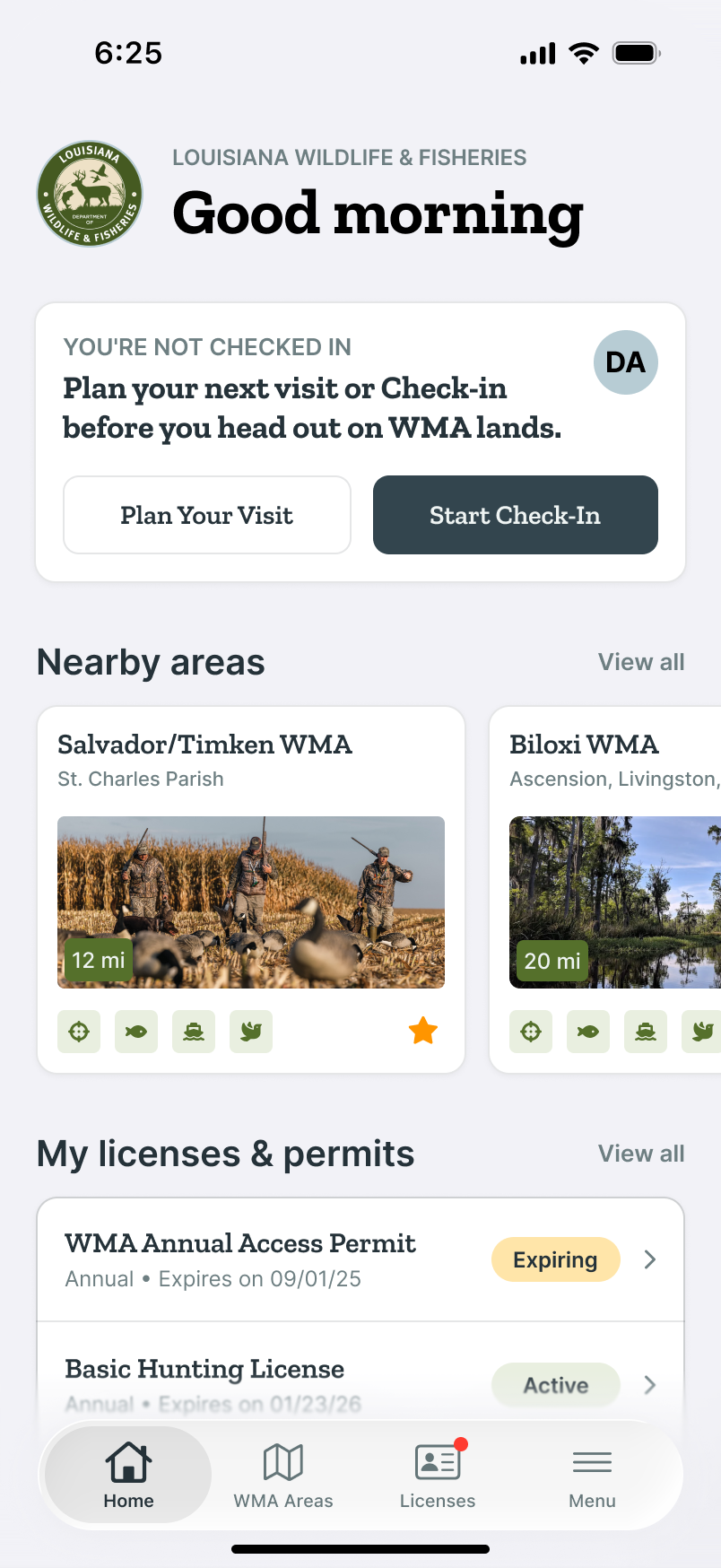 LWF home screen before check-in: a status card with Plan Your Visit and Start Check-In buttons, nearby WMA areas, and licenses and permits