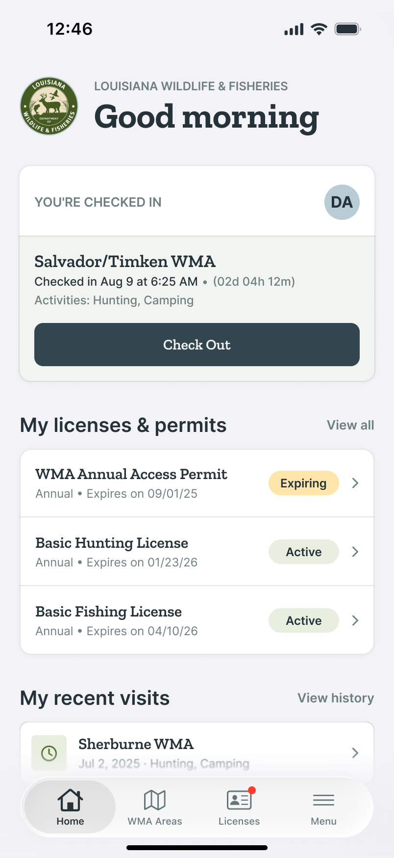 LWF home screen while checked in: the active visit card for Salvador/Timken WMA with elapsed time and a Check Out button