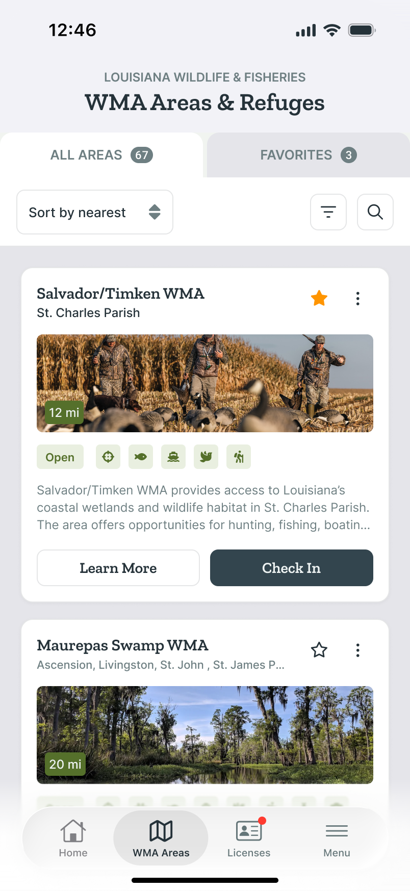 WMA Areas and Refuges list sorted by nearest, each area card with photo, distance, allowed activities, and a Check In button