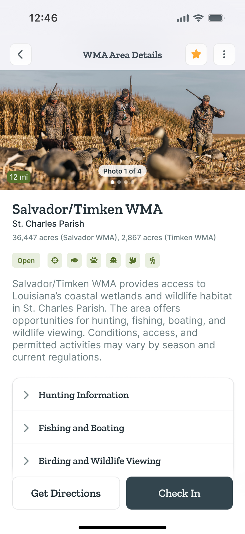 WMA Area Details for Salvador/Timken WMA: photo, acreage, description, expandable rules sections, and Get Directions and Check In buttons