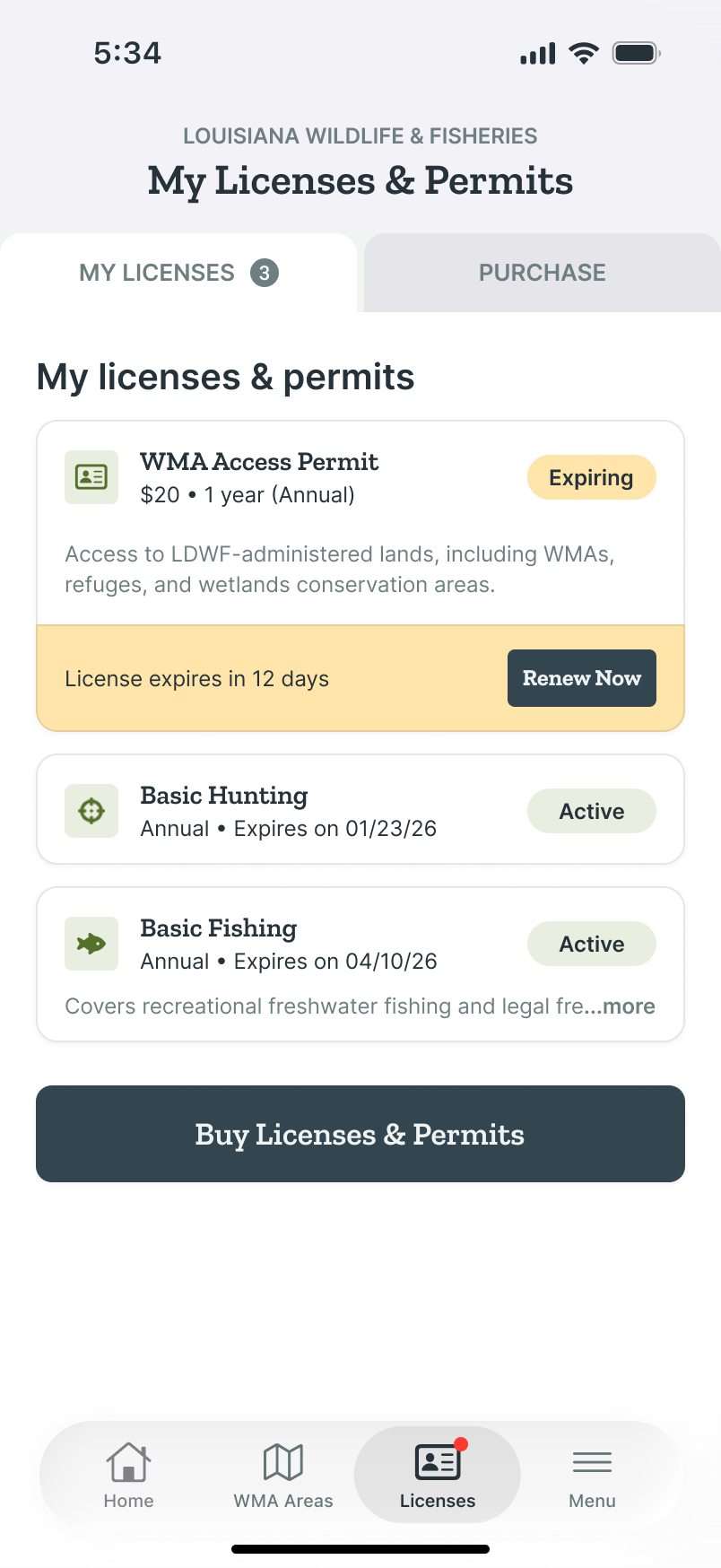 My Licenses and Permits tab: license cards with Expiring and Active badges, an inline Renew Now banner, and a Buy Licenses and Permits button