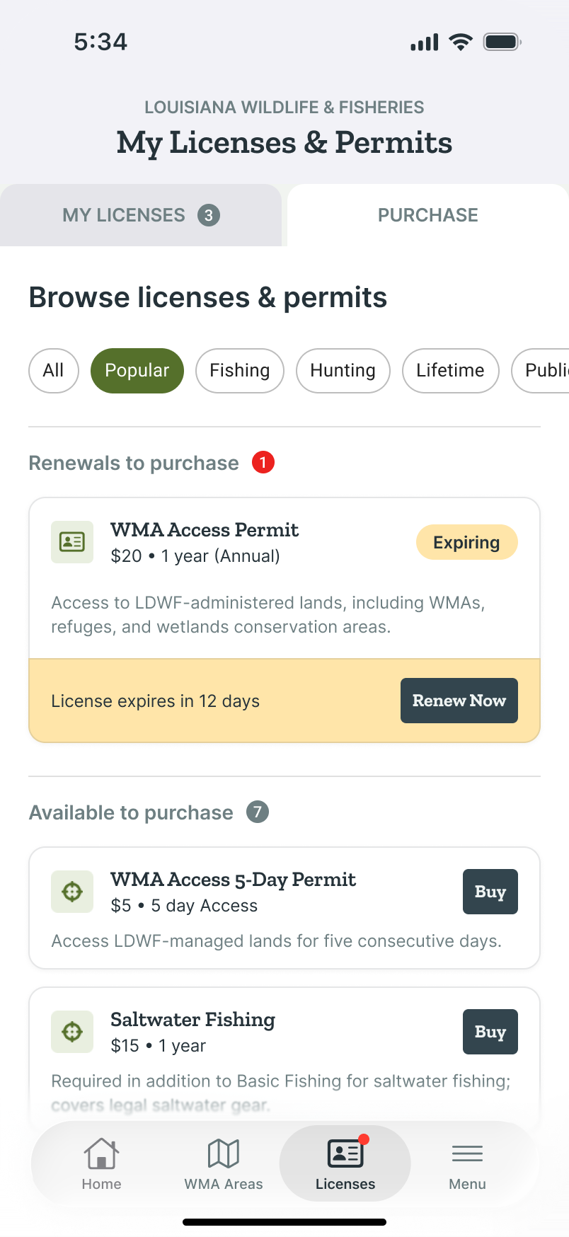 Purchase tab: browsable licenses and permits with filters, prices, and Buy buttons for renewals and new purchases