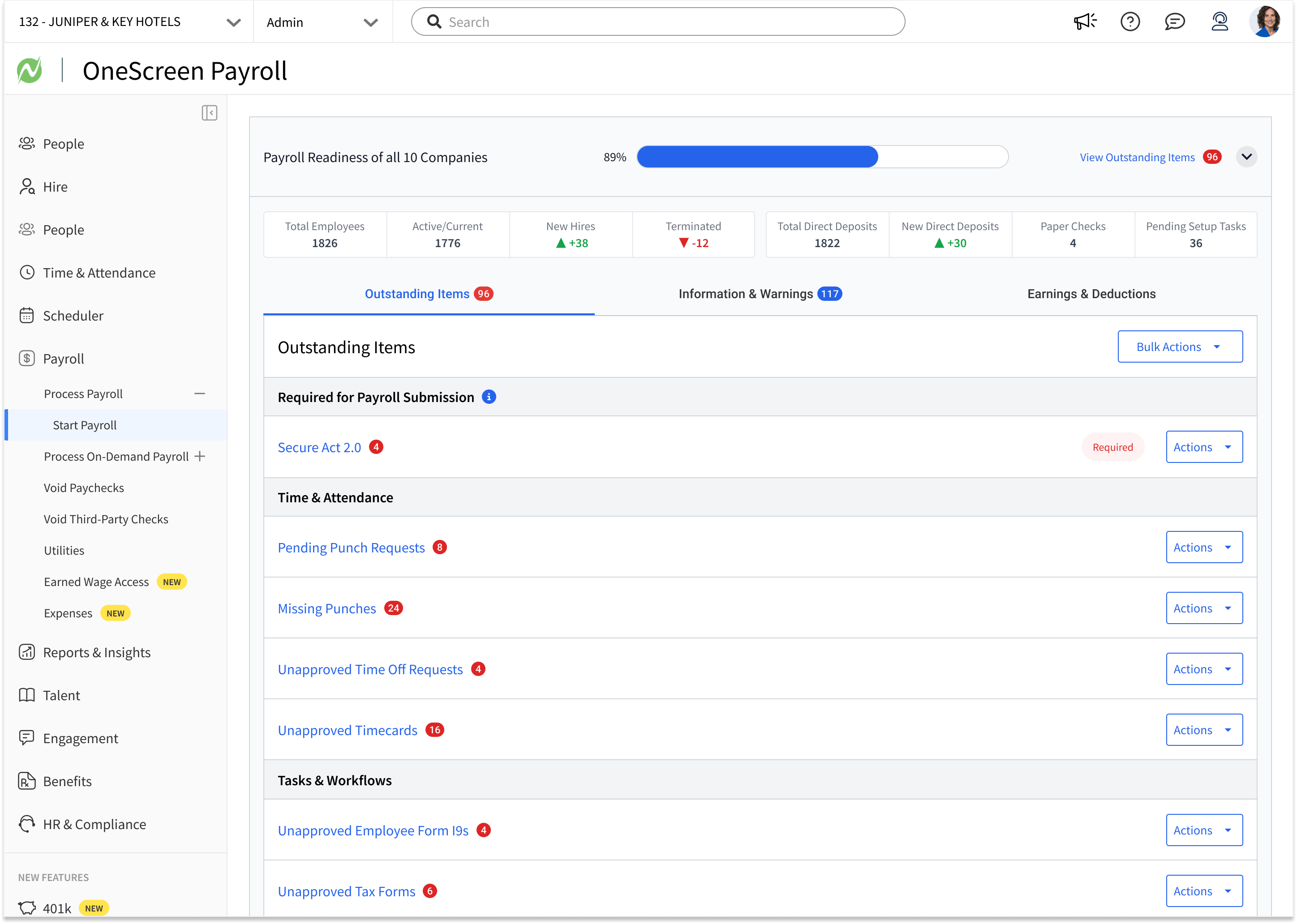 Outstanding Items tab listing blockers grouped into Required for Payroll Submission, Time and Attendance, and Tasks and Workflows, each row carrying its own Actions menu