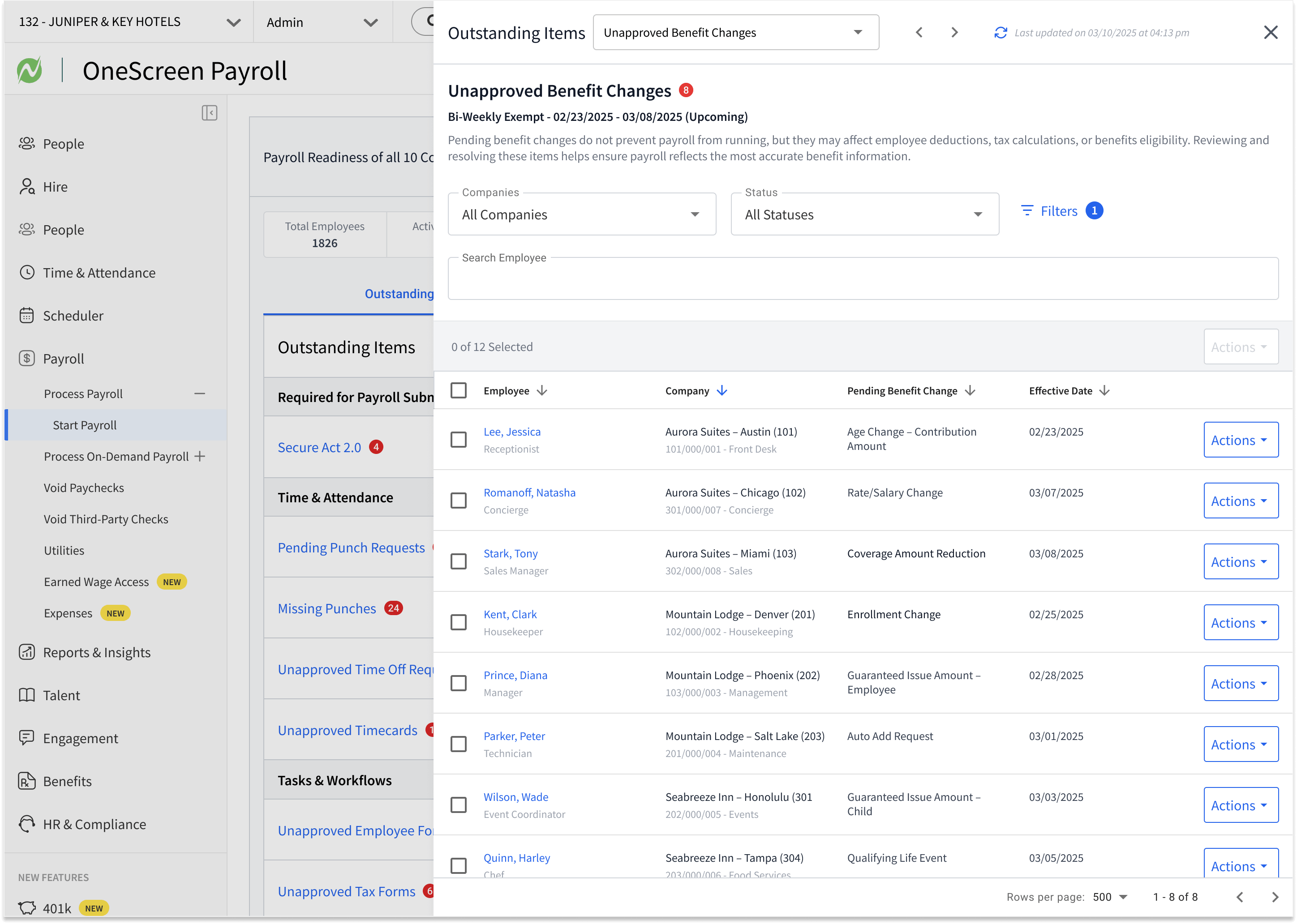 Slide-out tray listing unapproved benefit changes by employee with the pending change type and its effective date, and actions to resolve each one