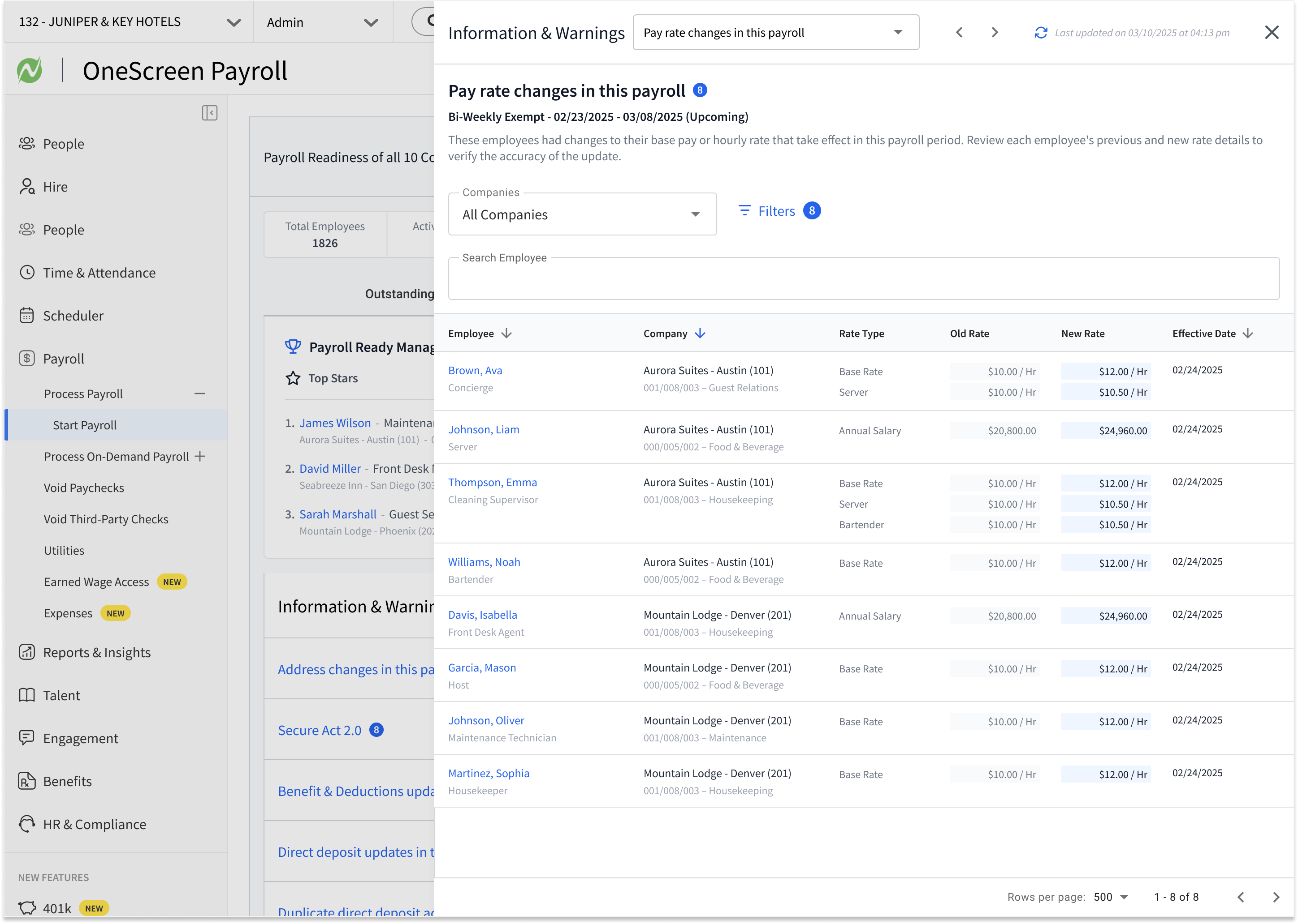 Slide-out panel listing pay rate changes with rate type, old rate, new rate, and effective date for each employee