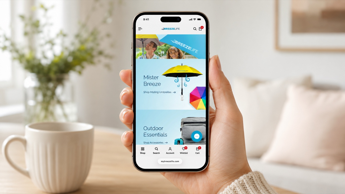 Breeze Life Shopify storefront on a phone, showing the Mister Breeze misting umbrella